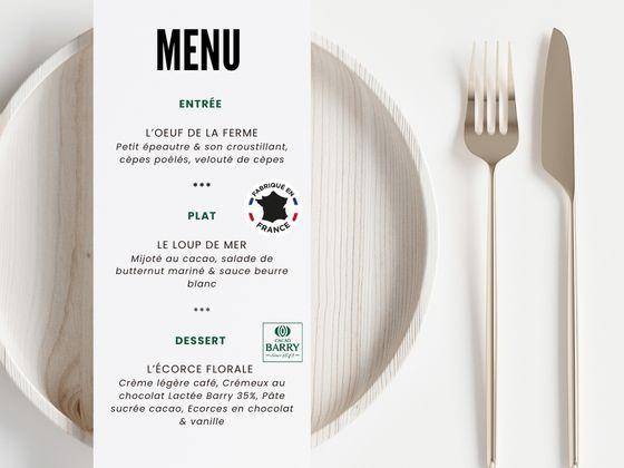 carte de restaurant avec dessert Cacao Barry et Made in france